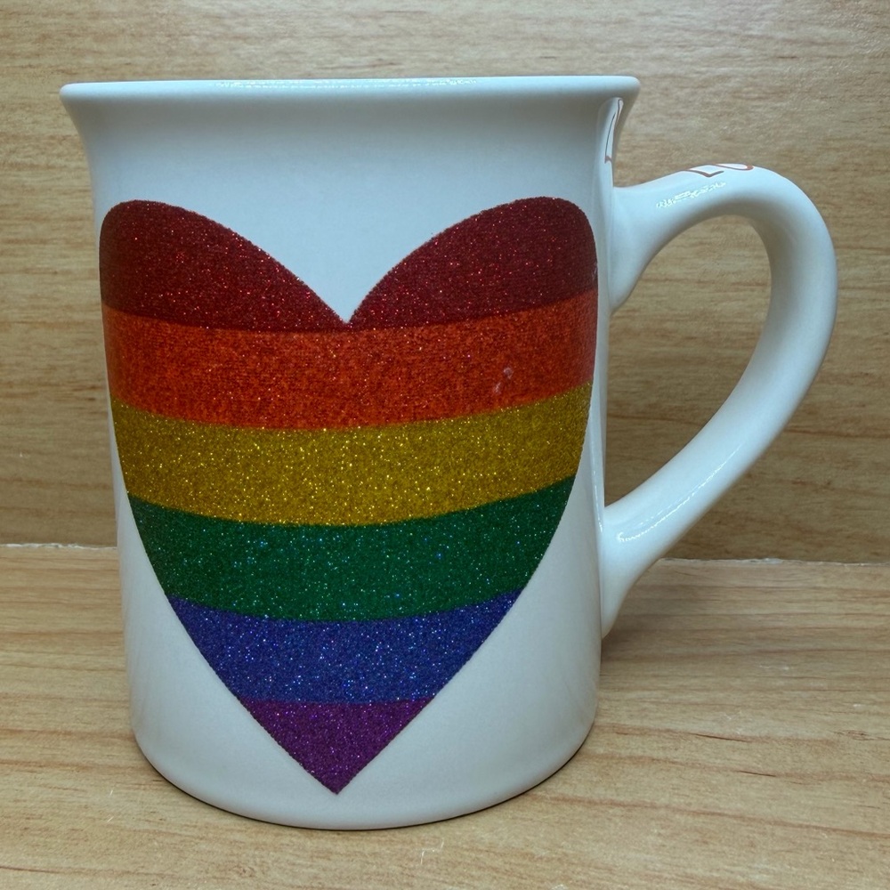 White Ceramic Pride Mug with Rainbow Heart Glitter Design